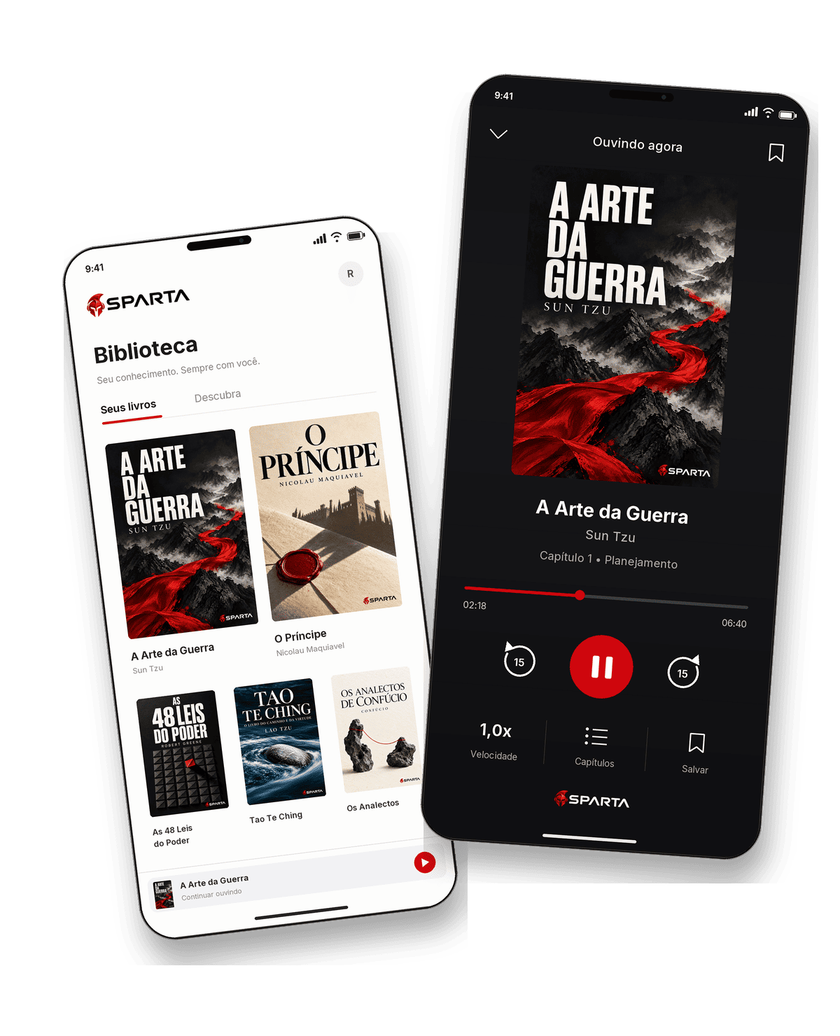 Aplicativo SPARTA com os cinco audiolivros e o player de A Arte da Guerra
